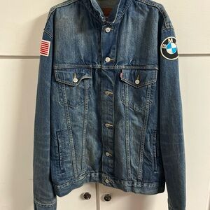 Levi's Distressed XL Blue Denim Jacket with BMW and U.S Flag Patches